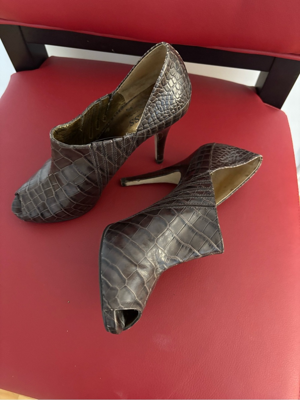 Guess Croc-Embossed Peep-Toe Heels in Dark Brown